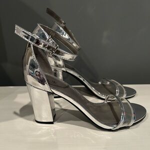 Silver Strappy Block Heel Sandals, never worn. 
It’s prom and wedding season!